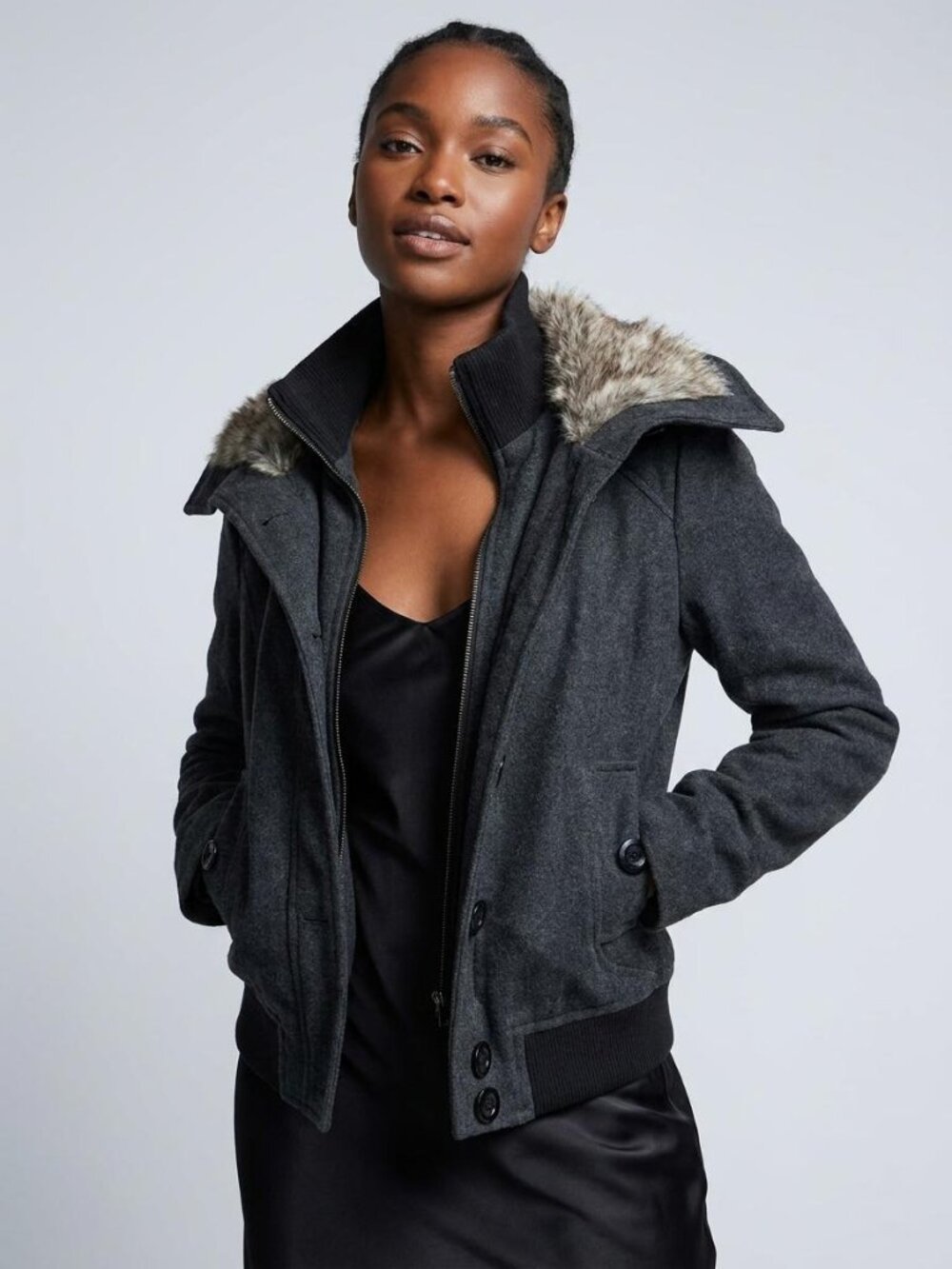 NWT Forever 21 Charcoal Faux Fur Wool Blend Jacket Small